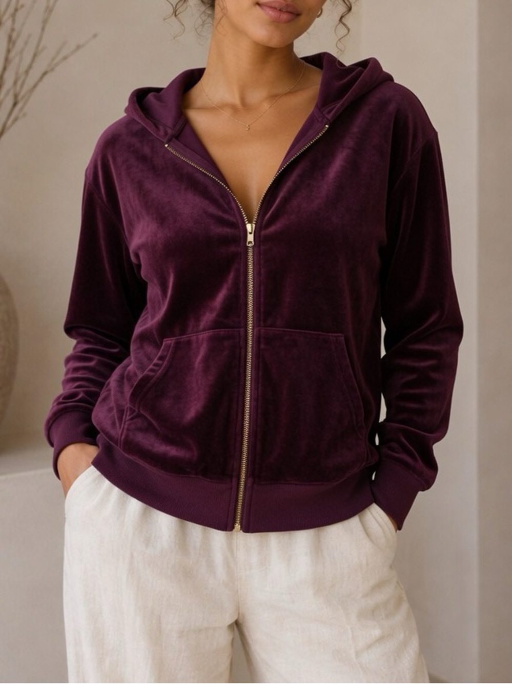 Velvet Zip-Up Hoodie in Deep Plum